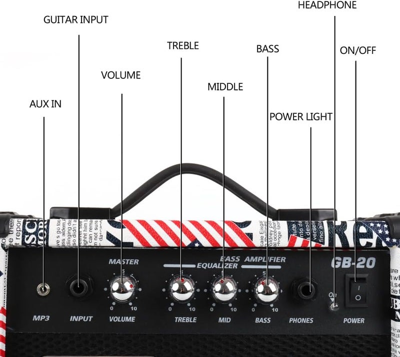 demusea 20W Watt Electric Bass Guitar Amplifier Portable Travel Mini Practic Amp Headphone Jack Aux Treble Middle Bass Flag Mp3 with Cable Adapter Guitar Picks in - Image 4